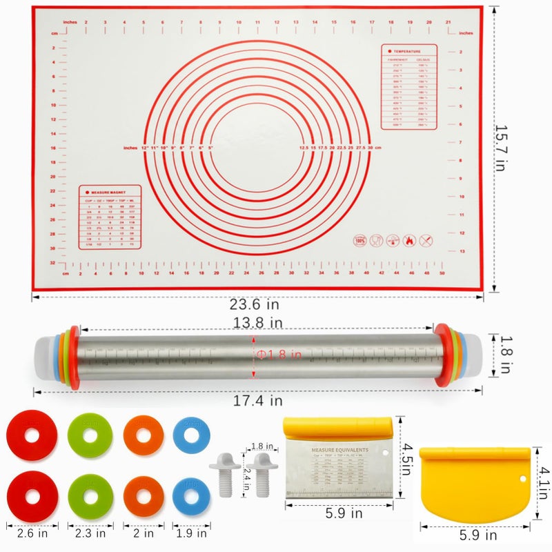 MIKULA Rolling Pin, Rolling Pins Thickness Rings and Silicone Baking Pastry Mat Set, Stainless Steel Dough Roller Rolling Pins for Baking & Bench Scraper For Pizza, Cookies, Pie, Pasta, Pastries - Image 5